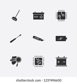 Best 9 repair icon set. inspector, car battery, screwdriver and toilet pump vector illustration