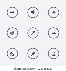 Best 9 rock icon set. crystal, rock climber, sound and mountain vector illustration
