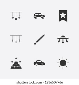 Best 9 shiny icon set. ufo, christmas ball, sun and bookmark vector illustration
