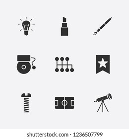 Best 9 shiny icon set. telescope, screw, pen and school bell vector illustration