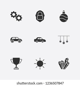 Best 9 shiny icon set. christmas ball, champion cup, car and crystal vector illustration