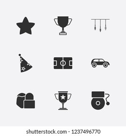 Best 9 shiny icon set. star, school bell, champion cup and car vector illustration