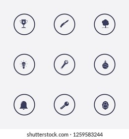 Best 9 shiny icon set. lamp, winner cup, key and knife vector illustration