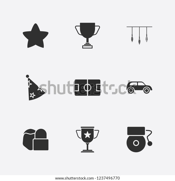 Best 9 shiny icon set. star, school bell,\
champion cup and car vector\
illustration
