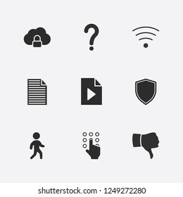 Best 9 sign icon set. document, hand pressing number, cloud lock and thumb down vector illustration
