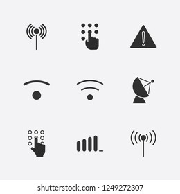 Best 9 signal icon set. wifi signal, signal bars, antenna and hand pressing number vector illustration
