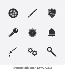 Best 9 silver icon set. key, wheel, brush and shield vector illustration