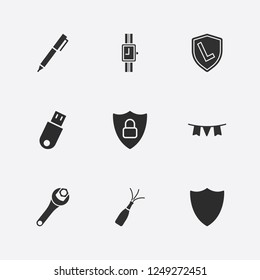 Best 9 silver icon set. champagne bottle, flash drive, pen and shield vector illustration