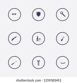 Best 9 silver icon set. screw, shield, garland and key vector illustration
