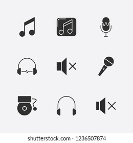 Best 9 sound icon set. sound off, school bell, melody and headphone vector illustration
