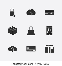 Best 9 store icon set. box, close shopping bag, shopping bag and smartphone shopping vector illustration