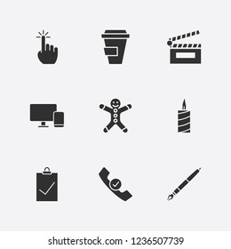 Best 9 table icon set. handset check, coffee cup, candle and pc and smartphone vector illustration