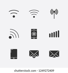Best 9 touch icon set. message cloud, smartphone in snow, message close and wifi signal vector illustration
