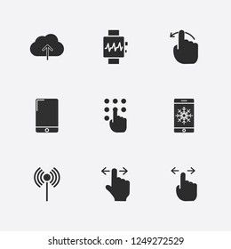 Best 9 touch icon set. smart watch, wifi signal, cloud upload and smartphone in snow vector illustration