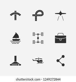 Best 9 Transport Icon Set. Suitcase, Car Chassis, Boat And Road Vector Illustration