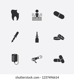 Best 9 treatment icon set. sauna, hair dryer, blood bag and drug vector illustration