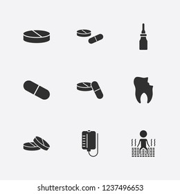 Best 9 treatment icon set. pipette bottle, blood bag, sauna and drug vector illustration