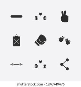Best 9 two icon set. boxing glove, clipboard remove, lesbian love and man and woman love vector illustration
