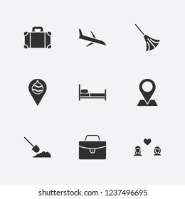 Best 9 vacation icon set. lesbian love, broom, suitcase and bed vector illustration