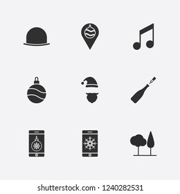 Best 9 winter icon set. melody, smartphone in christmas ball, champagne popping and hat vector illustration