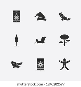 Best 9 winter icon set. tree, christmas cookie, smartphone in snow and sock vector illustration