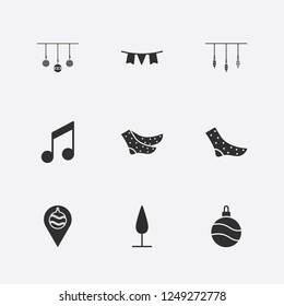 Best 9 winter icon set. tree, christmas location, garland and sock vector illustration
