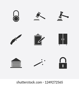 Best 9 wood icon set. gavel, garage, wardrobe and lock vector illustration