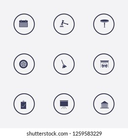 Best 9 wood icon set. broom, calendar, table and clipboard check vector illustration