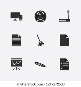 Best 9 work icon set. router, analytics board, pc and smartphone and user vector illustration