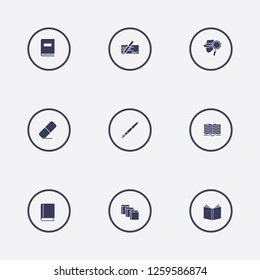 Best 9 writing icon set. money check, pen, book and inspector vector illustration