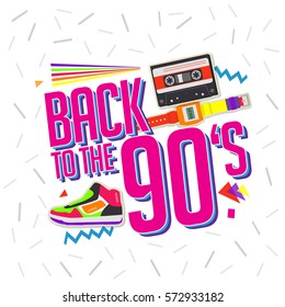 Best of 90s illistration with cassette and shoes background