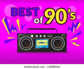 Best of 90s illistration with realistic tape recorder on pink background