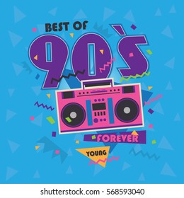 Best of 90s illistration with realistic tape recorder on blue background