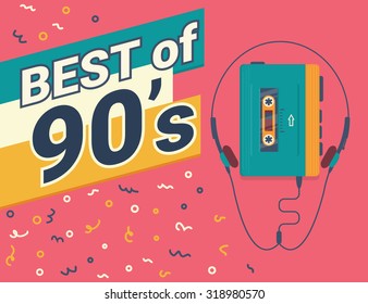 Best of 90s retro illistration of stereo compact cassette player on red background