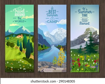 Best active summer vacation destinations travel agency advertisement 3 vertical landscape banners set abstract isolated vector illustration