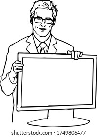 best ager scientist is presenting a monitor