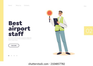 Best airport staff concept of landing page with marshal in uniform holding signals. Air traffic controller at work. Airline crew and professional airport staff. Cartoon flat vector illustration