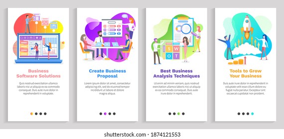 Best analysis techniques vector, seo optimization and development, conference of people with whiteboard and plans, laptops and planning strategy. Website or slider app, landing page flat style