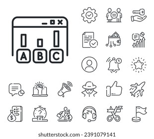 Best answer sign. Salaryman, gender equality and alert bell outline icons. Survey results line icon. Business stats symbol. Survey results line sign. Spy or profile placeholder icon. Vector