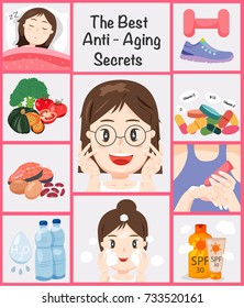 The Best Anti-Aging Secrets for Woman , All in illustrated Cartoon Infographics Tips, illustration, vector