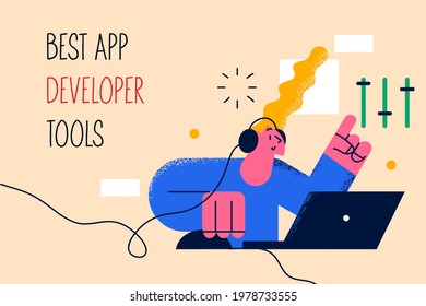 Best app developer tools concept. Positive young woman cartoon character programmer sitting at laptop in headset working on programs and applications with lettering vector illustration 