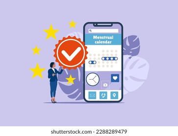 The best Application. Quality Control and giving certified Menstrual phone application, ovulation check. Menstruation cycle. Modern vector illustration in flat style