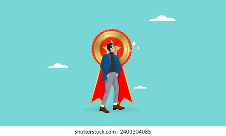 best appreciate high performance employee illustration, success leader concept, high quality concept, recognition or congratulation concept, confidence businessman with champion ribbon illustration 