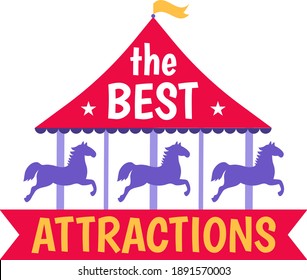 Best attractions circus amusement, concept horse round carousel, icon entertainment carnival flat vector illustration, isolated on white. Spectacular theme park, carrousel children play.