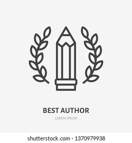 Best author achievement flat line icon. Pen with wreath vector illustration. Thin sign for literary, grammar contest, writer logo.