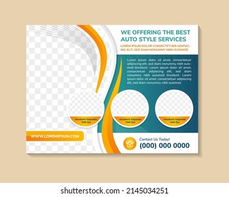 la mejor plantilla de presentación de servicios de estilo automático sobre fondo blanco azul. disposición horizontal con un elemento degradado de color naranja. diseño editable con espacio para collage de fotos y texto.