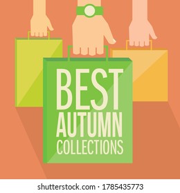 Best autumn collections - flat style banner design. Hands with paper shopping bags