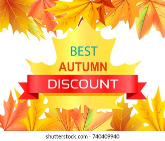 Best autumn discount promo advertisement on yellow maple leaf on background of foliage frame isolated on white vector illustration poster