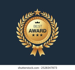 Best Award Badge featuring a golden laurel wreath, Winner award golden sign, Champion celebration with gold trophy, prize