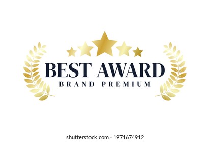 Best Award Brand Premium Gold Laurel Wreath Badge Logo Design Five Star Vector Illustration Isolated On White Background.